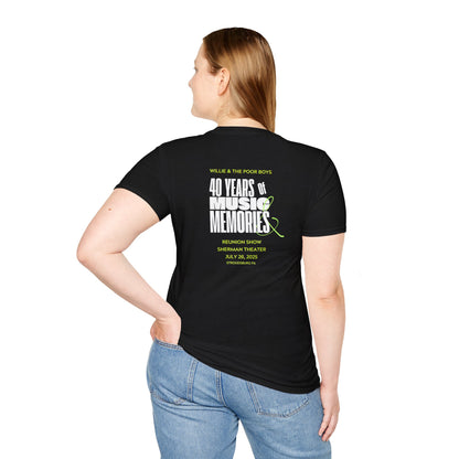 Solid Colors - "40 Years of Music & Memories" Back with Full Color Logo Front - Softstyle T-Shirt (Various Colors Available)