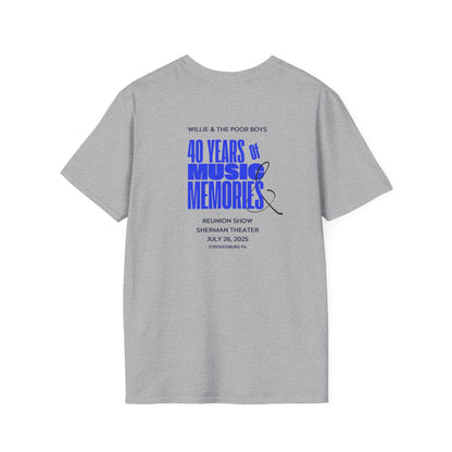 Solid Colors - "40 Years of Music & Memories" Artwork Back with Logo Front - Softstyle T-Shirt (Various Colors Available)