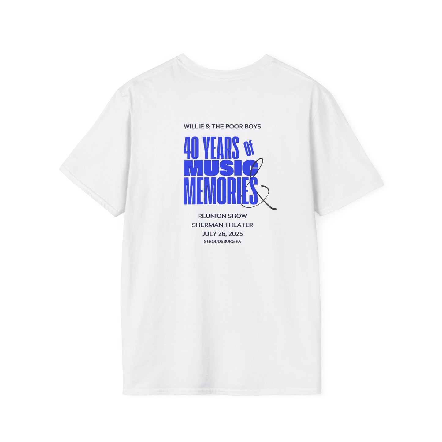 Solid Colors - "40 Years of Music & Memories" Back with Full Color Logo Front - Softstyle T-Shirt (Various Colors Available)