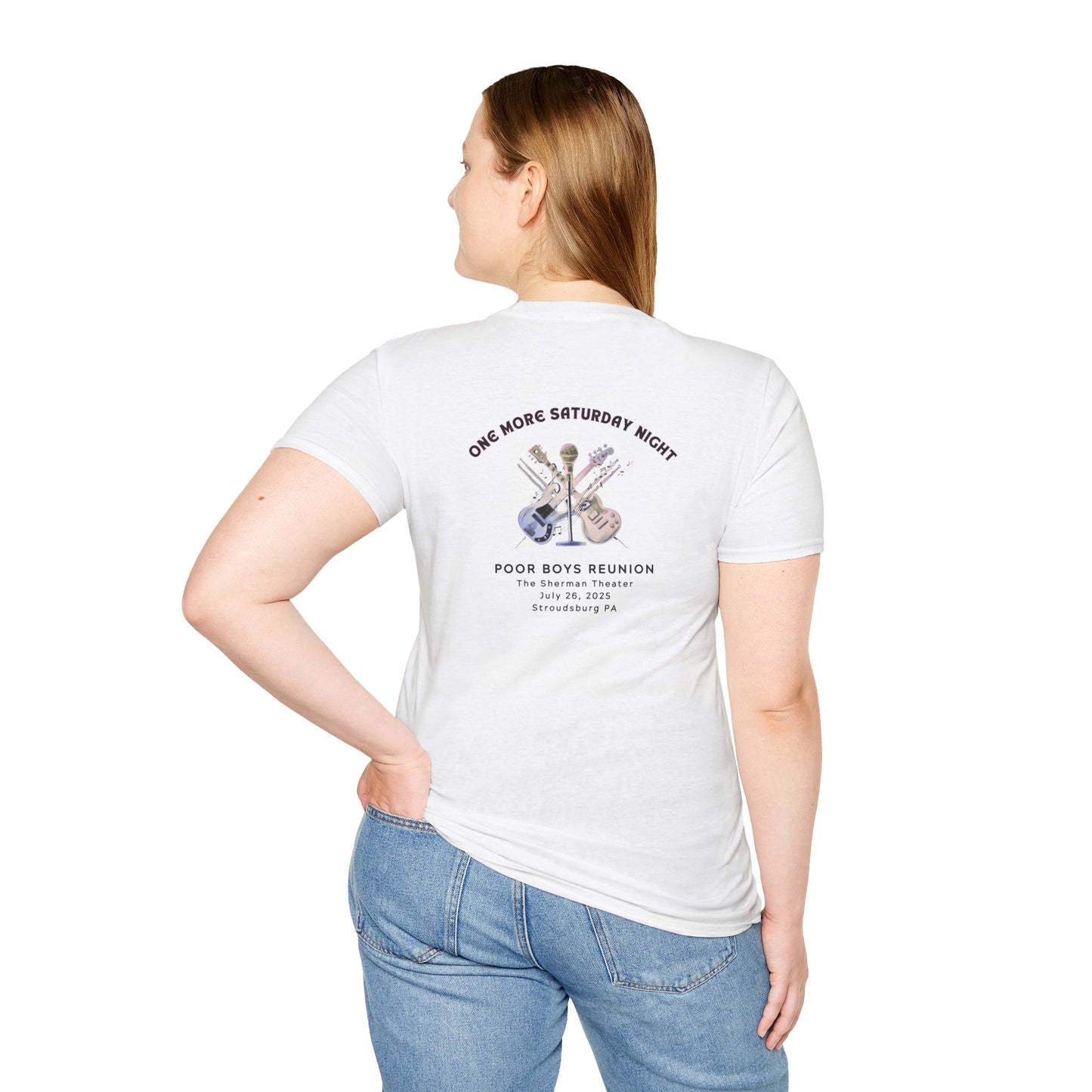 Copy of Solid Colors "One More Saturday Night" with Instruments Artwork Back & Logo Front - Softstyle T-Shirt (Various Colors Available)