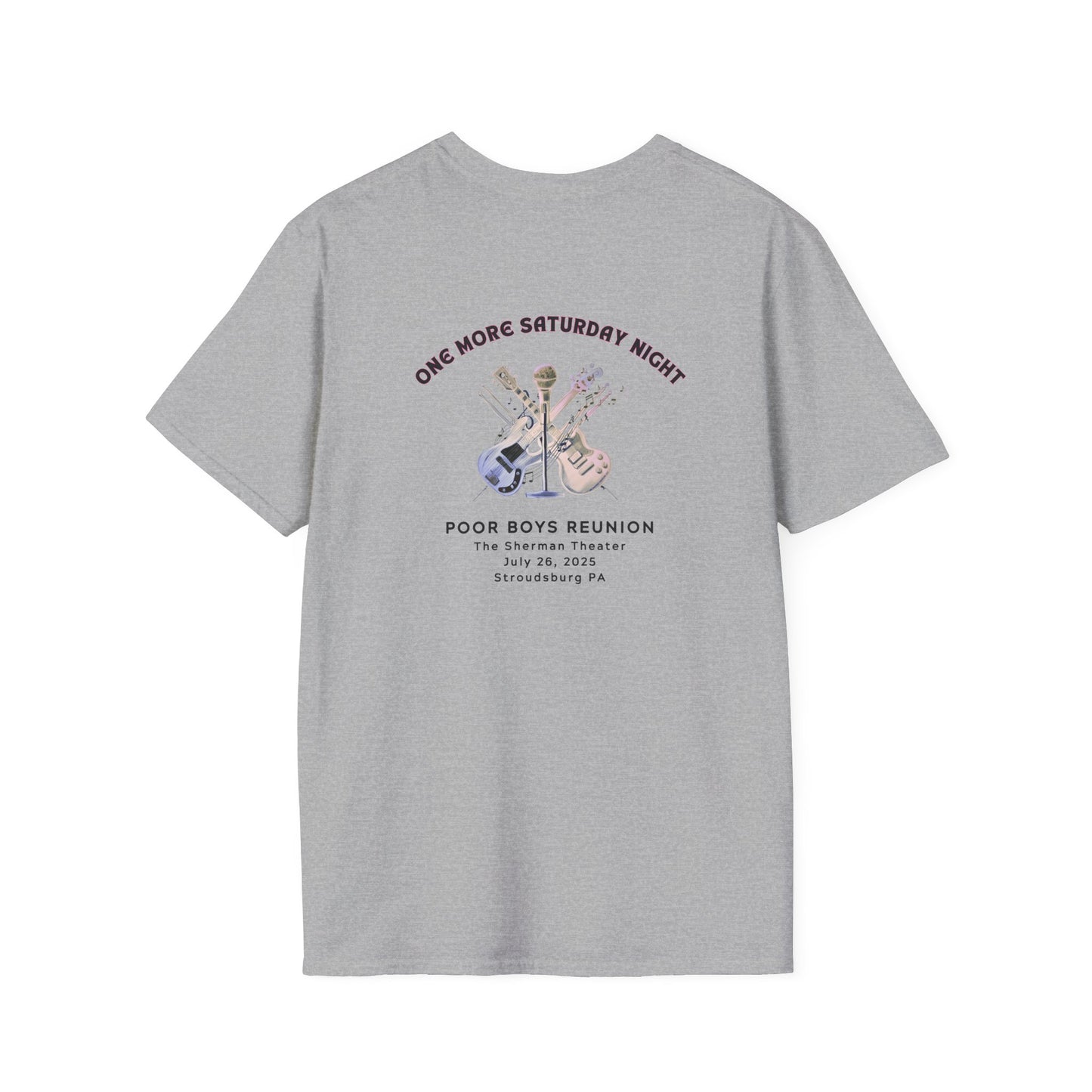 Copy of Solid Colors "One More Saturday Night" with Instruments Artwork Back & Logo Front - Softstyle T-Shirt (Various Colors Available)