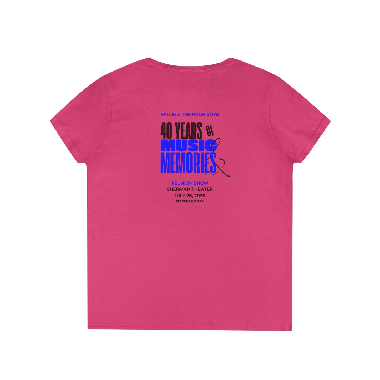 Ladies' V-Neck – Vintage Band Photo Front & 40 Years of Music & Memories Back (Various Colors Available)