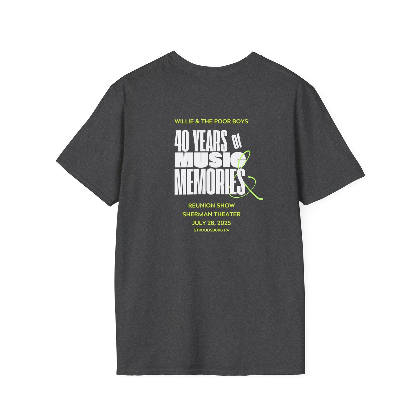 Solid Colors - "40 Years of Music & Memories" Back with Full Color Logo Front - Softstyle T-Shirt (Various Colors Available)