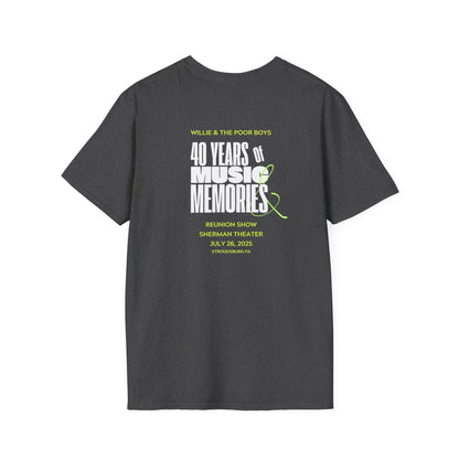 Solid Colors - "40 Years of Music & Memories" Back with Full Color Logo Front - Softstyle T-Shirt (Various Colors Available)
