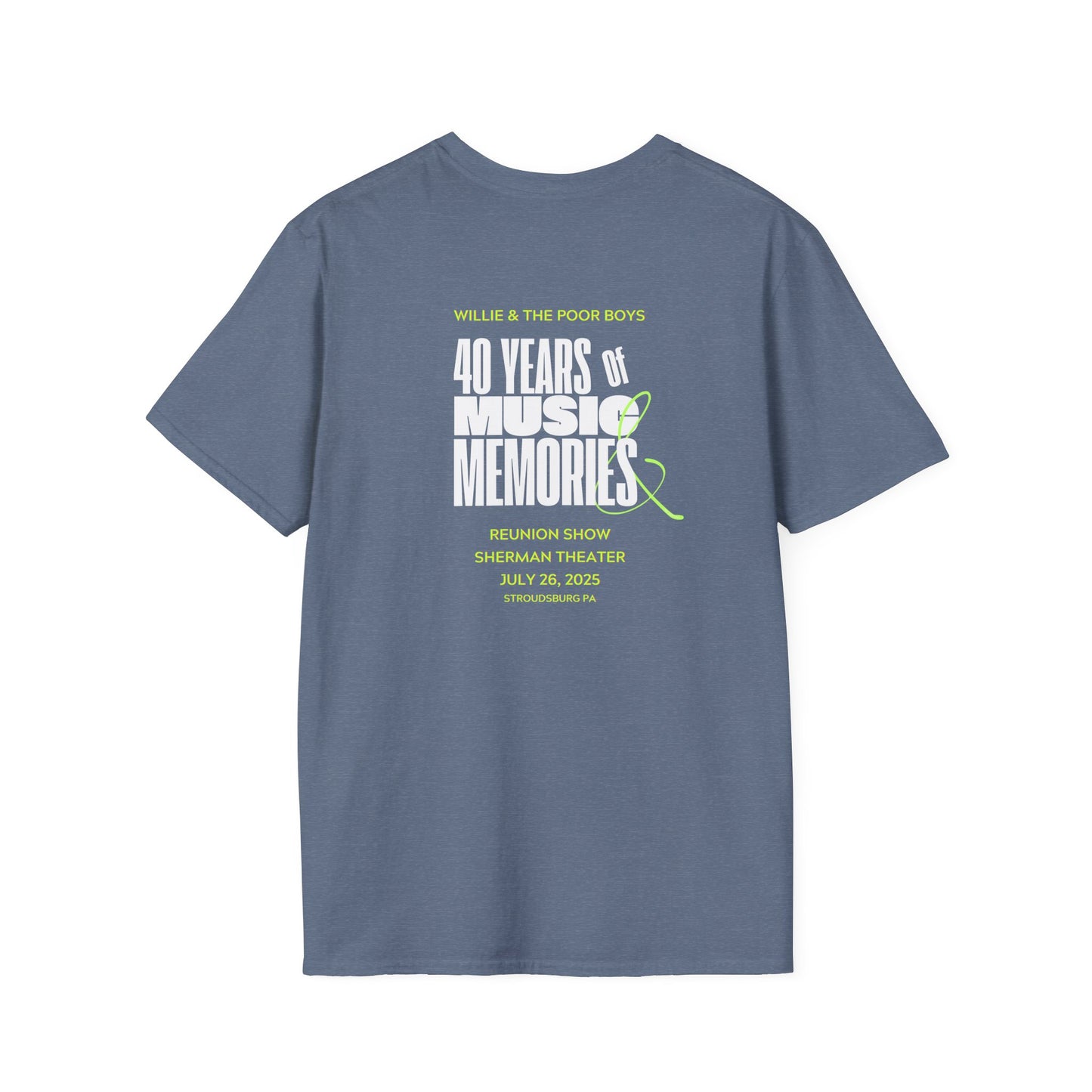 Solid Colors - "40 Years of Music & Memories" Back with Full Color Logo Front - Softstyle T-Shirt (Various Colors Available)