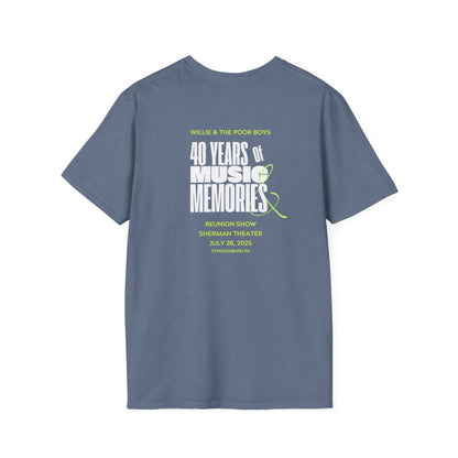 Solid Colors - "40 Years of Music & Memories" Back with Full Color Logo Front - Softstyle T-Shirt (Various Colors Available)