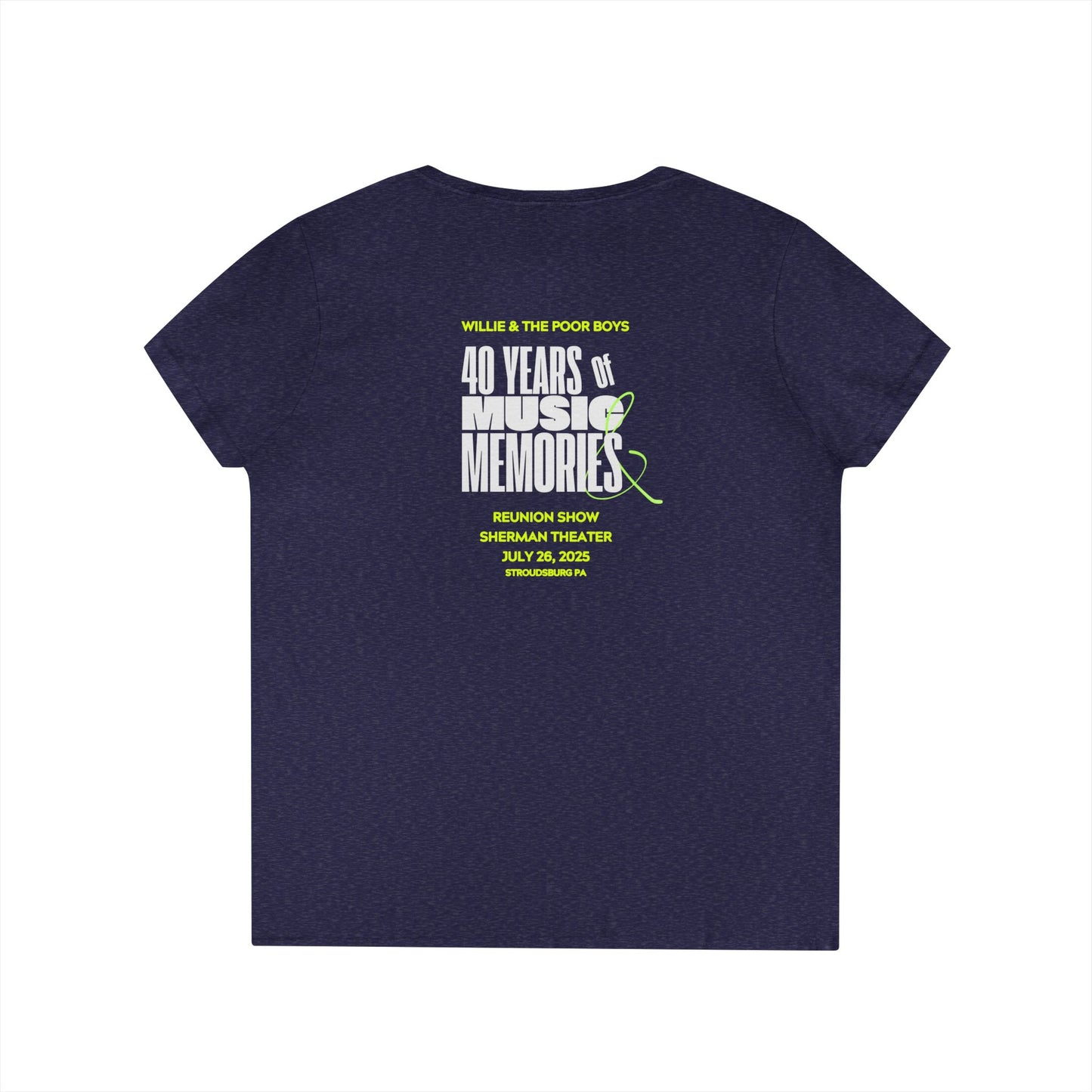 Ladies' V-Neck – Vintage Band Photo Front & 40 Years of Music & Memories Back (Various Colors Available)