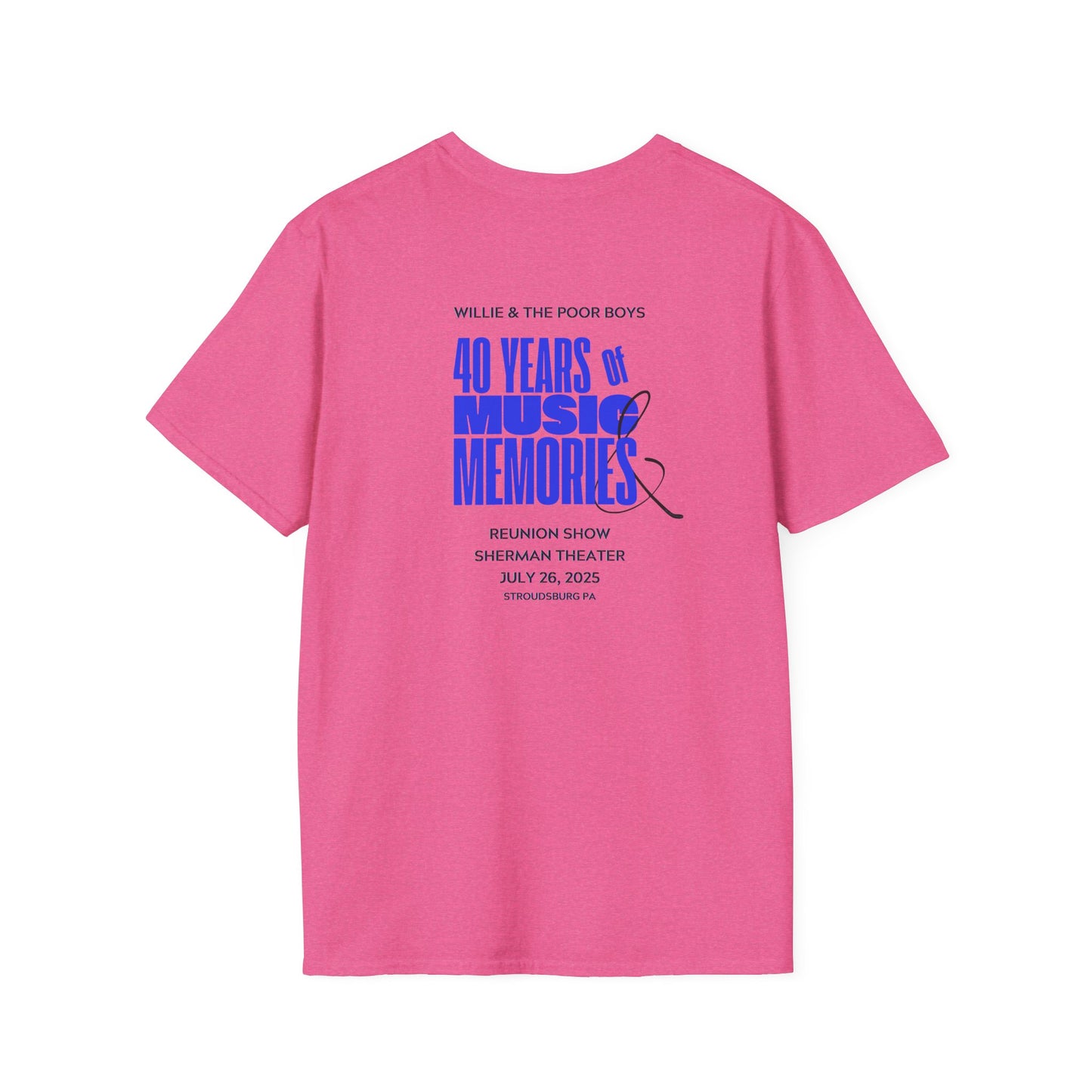 Solid Colors - "40 Years of Music & Memories" Back with Full Color Logo Front - Softstyle T-Shirt (Various Colors Available)