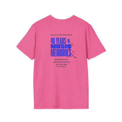 Solid Colors - "40 Years of Music & Memories" Back with Full Color Logo Front - Softstyle T-Shirt (Various Colors Available)