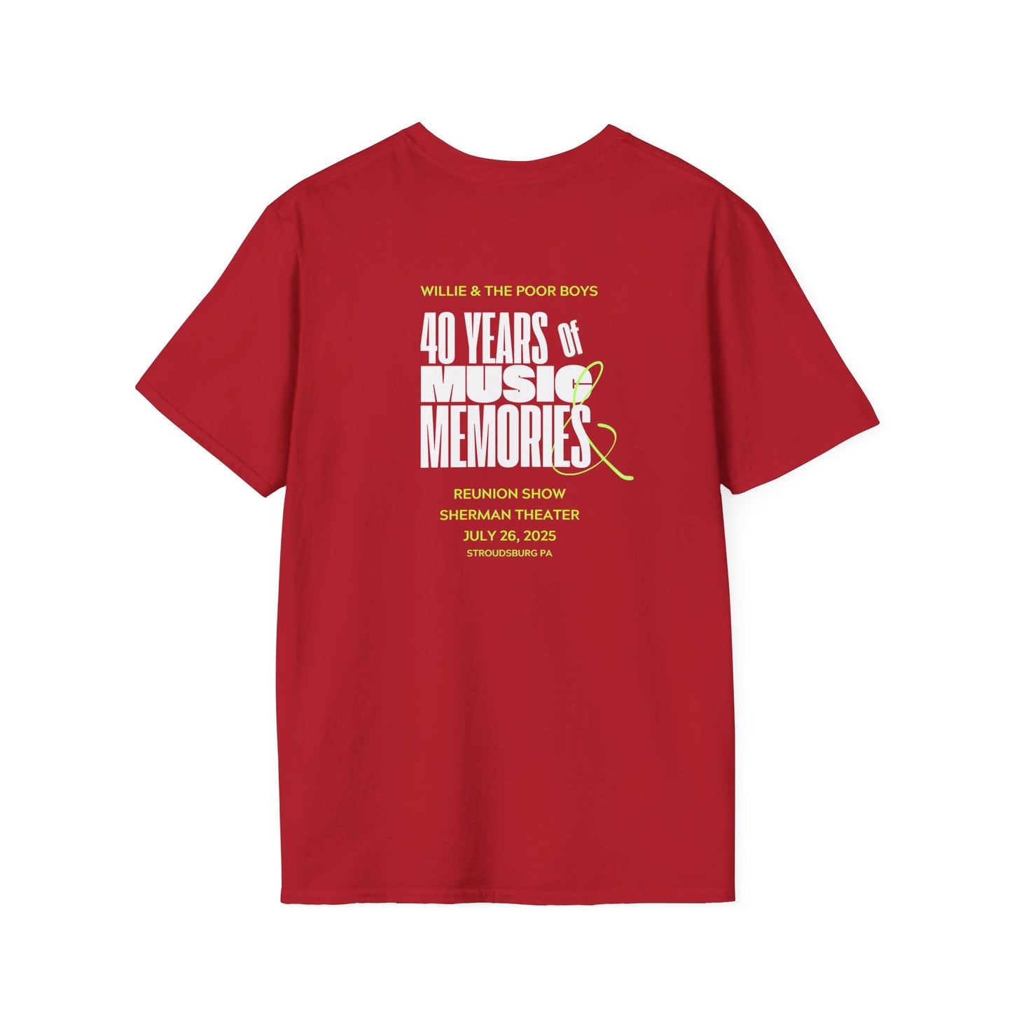 Solid Colors - "40 Years of Music & Memories" Artwork Back with Logo Front - Softstyle T-Shirt (Various Colors Available)