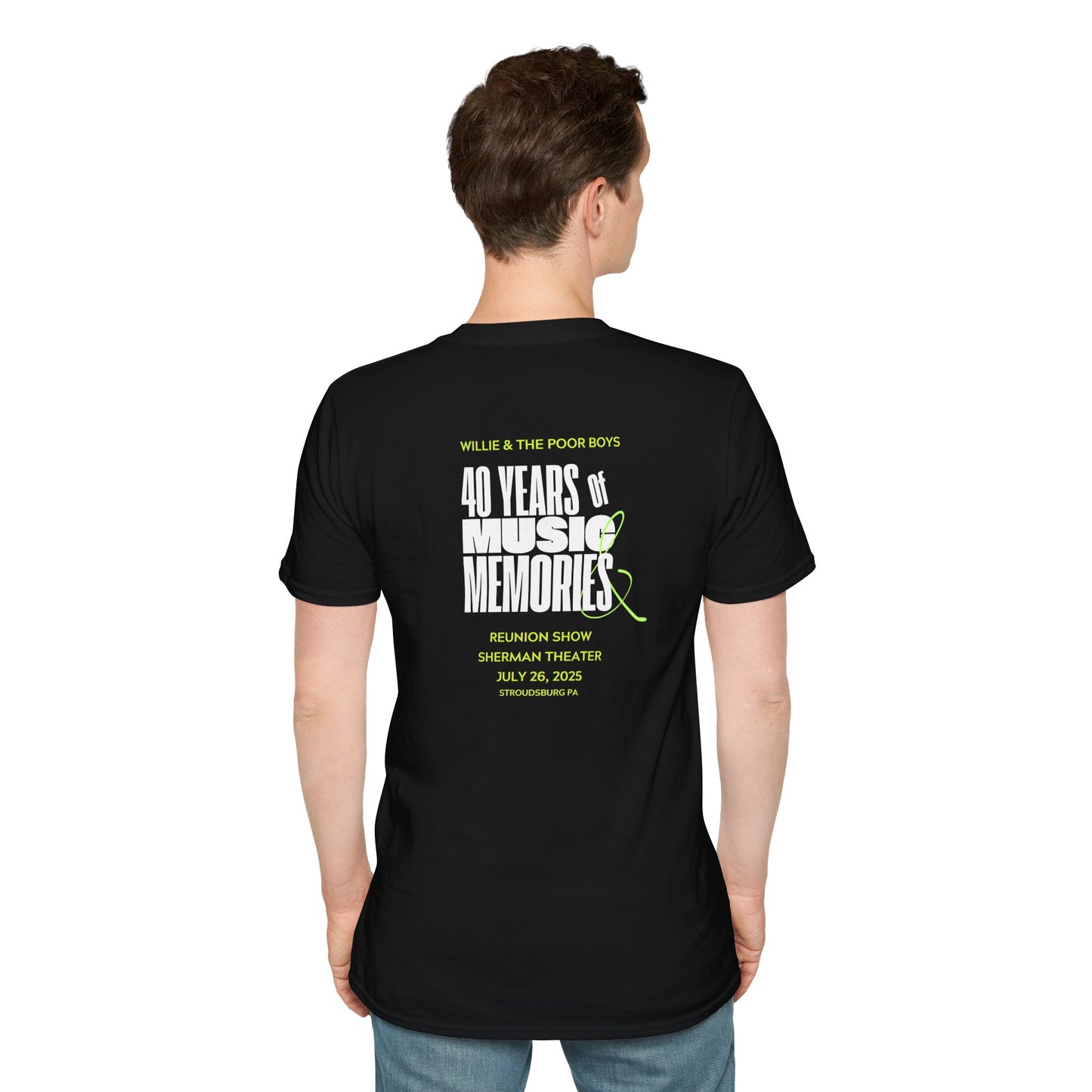 Solid Colors - "40 Years of Music & Memories" Back with Full Color Logo Front - Softstyle T-Shirt (Various Colors Available)