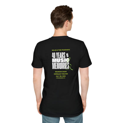 Solid Colors - "40 Years of Music & Memories" Back with Full Color Logo Front - Softstyle T-Shirt (Various Colors Available)
