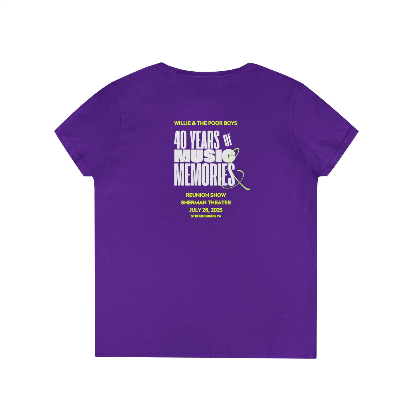 Ladies' V-Neck – Vintage Band Photo Front & 40 Years of Music & Memories Back (Various Colors Available)