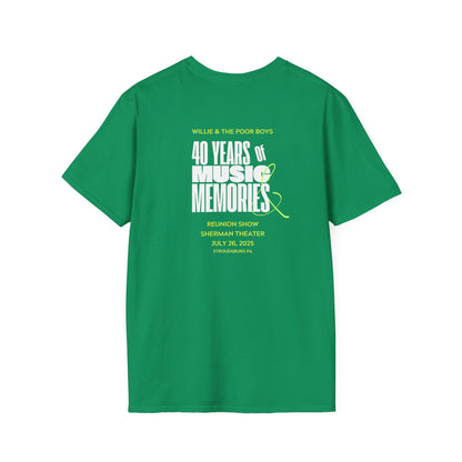 Solid Colors - "40 Years of Music & Memories" Artwork Back with Logo Front - Softstyle T-Shirt (Various Colors Available)