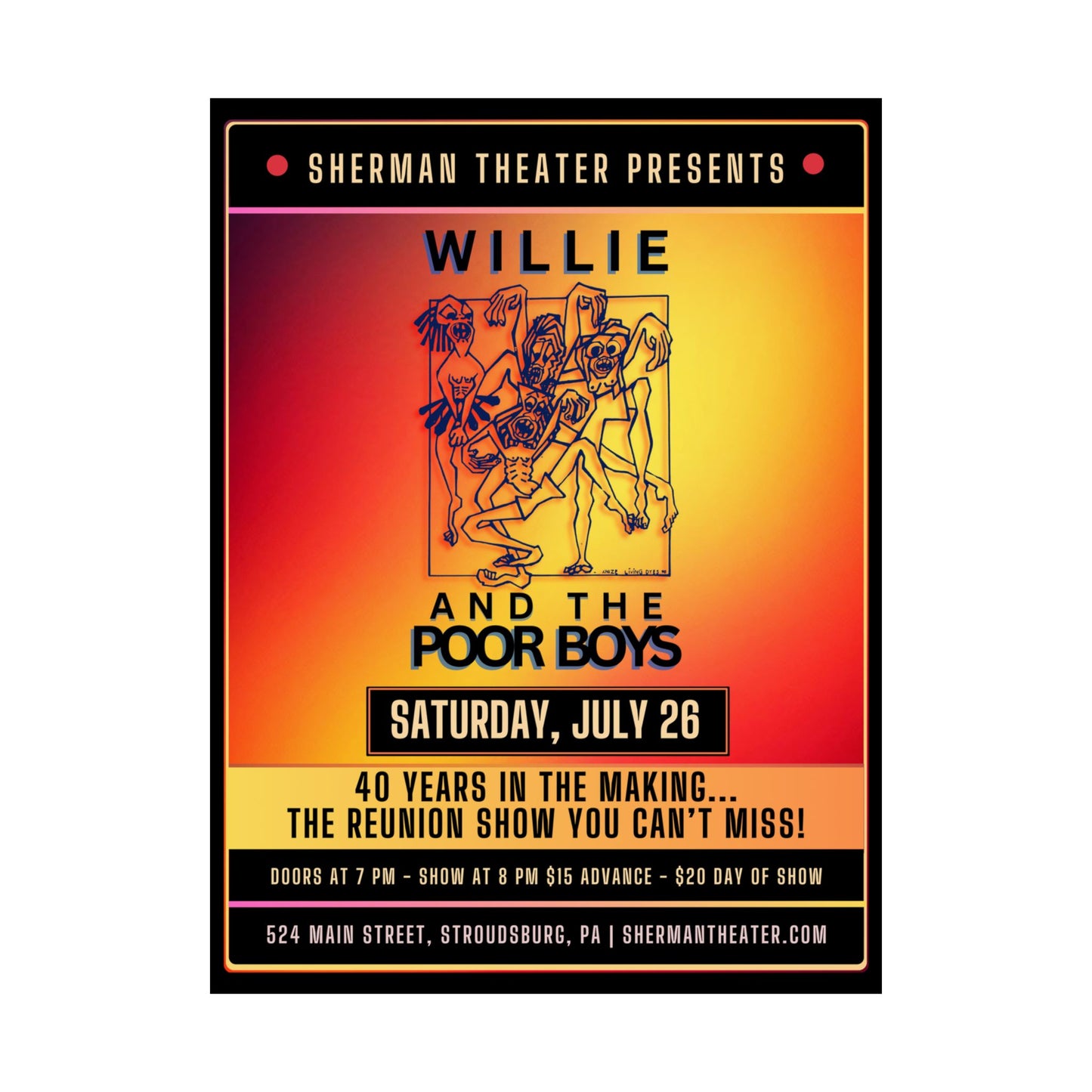 Reunion Concert Poster (Orange Hues) – Willie and the Poor Boys (Satin Finish, Retro Design)