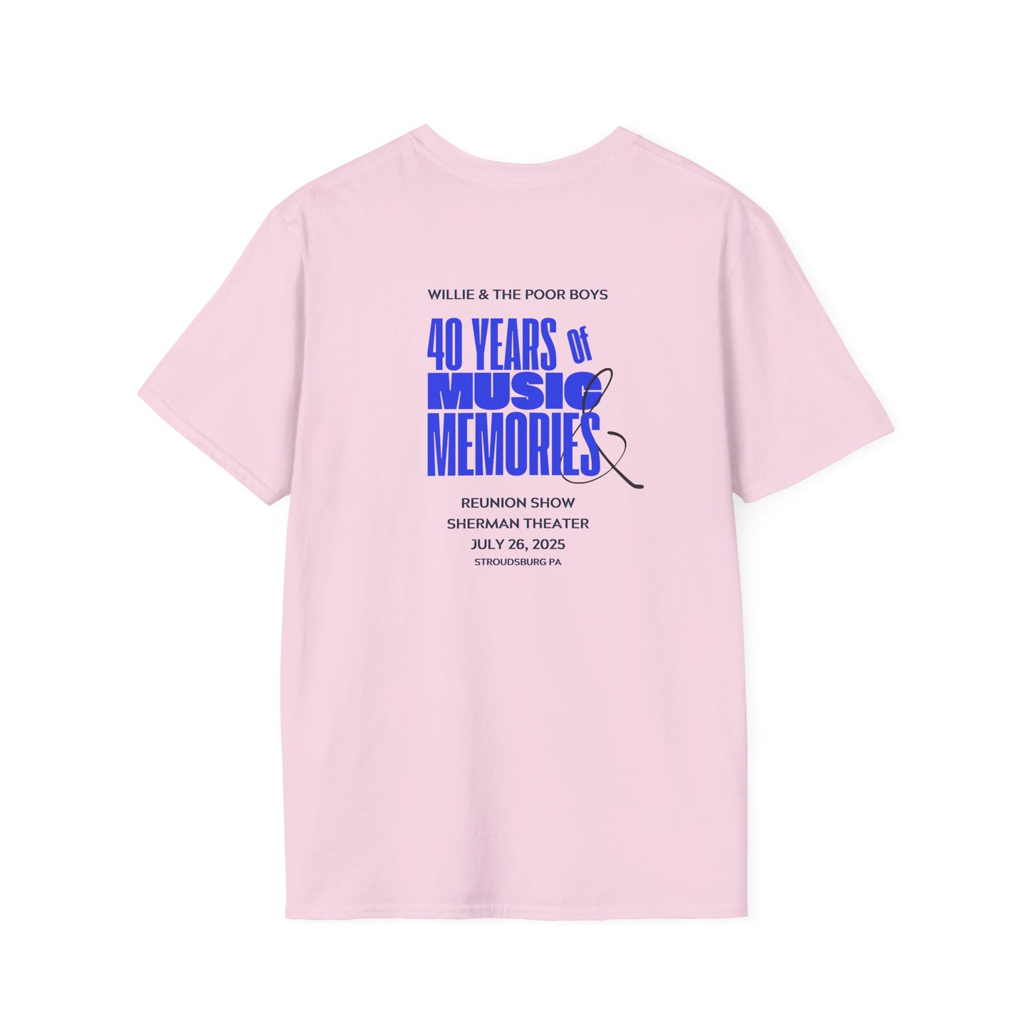 Solid Colors - "40 Years of Music & Memories" Artwork Back with Logo Front - Softstyle T-Shirt (Various Colors Available)