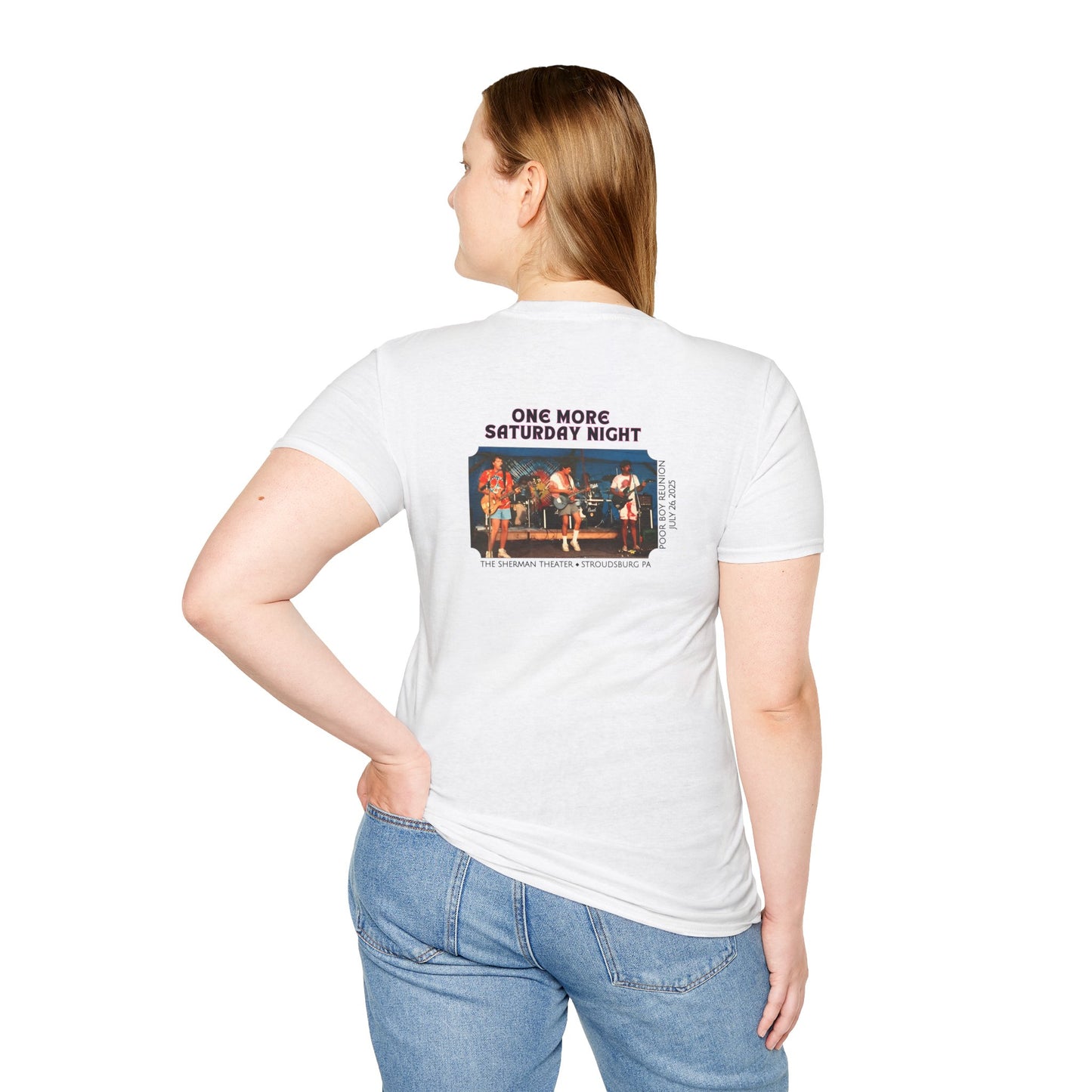 Solid Colors - "One More Saturday Night" Retro Band Photo Back with Front Logo - Unisex Softstyle T-Shirt (Various Colors Available)