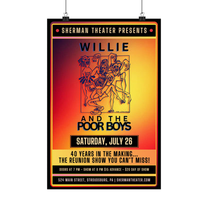 Reunion Concert Poster (Orange Hues) – Willie and the Poor Boys (Satin Finish, Retro Design)