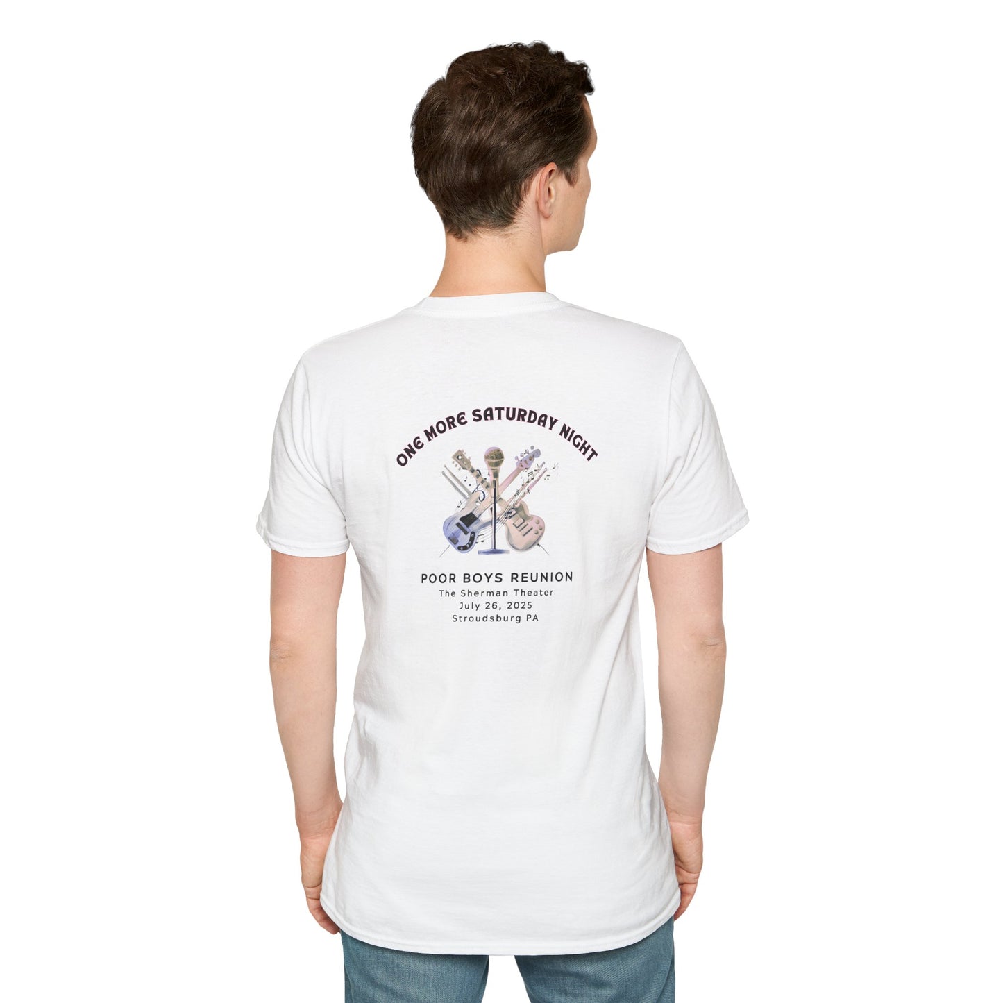 Copy of Solid Colors "One More Saturday Night" with Instruments Artwork Back & Logo Front - Softstyle T-Shirt (Various Colors Available)