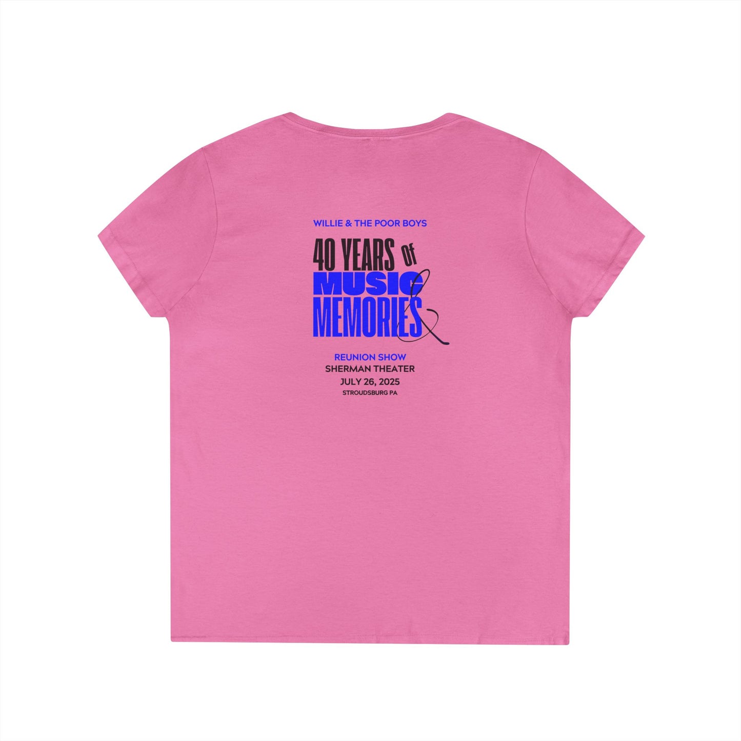 Ladies' V-Neck – Vintage Band Photo Front & 40 Years of Music & Memories Back (Various Colors Available)