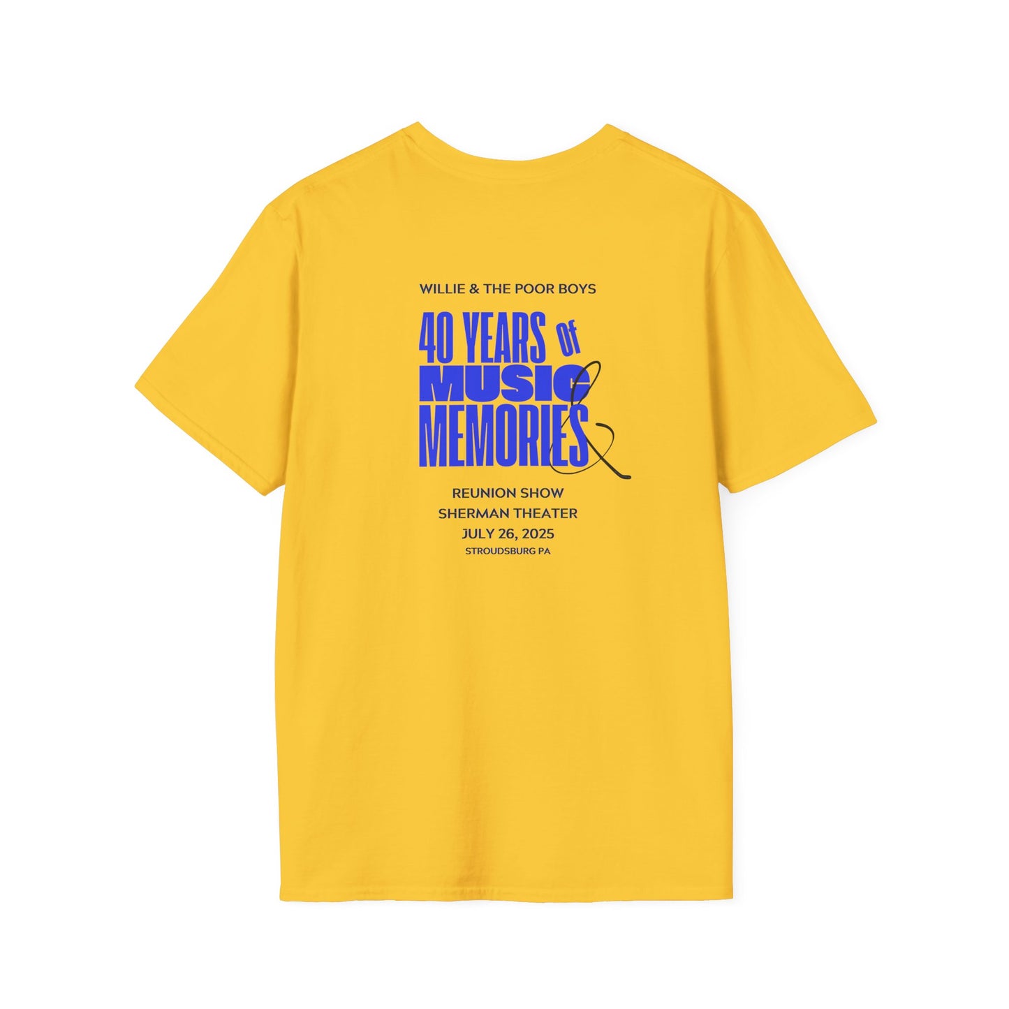 Solid Colors - "40 Years of Music & Memories" Artwork Back with Logo Front - Softstyle T-Shirt (Various Colors Available)