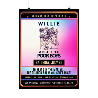 Reunion Concert Poster (Pink Hues) – Willie and the Poor Boys (Satin Finish, Retro Design)