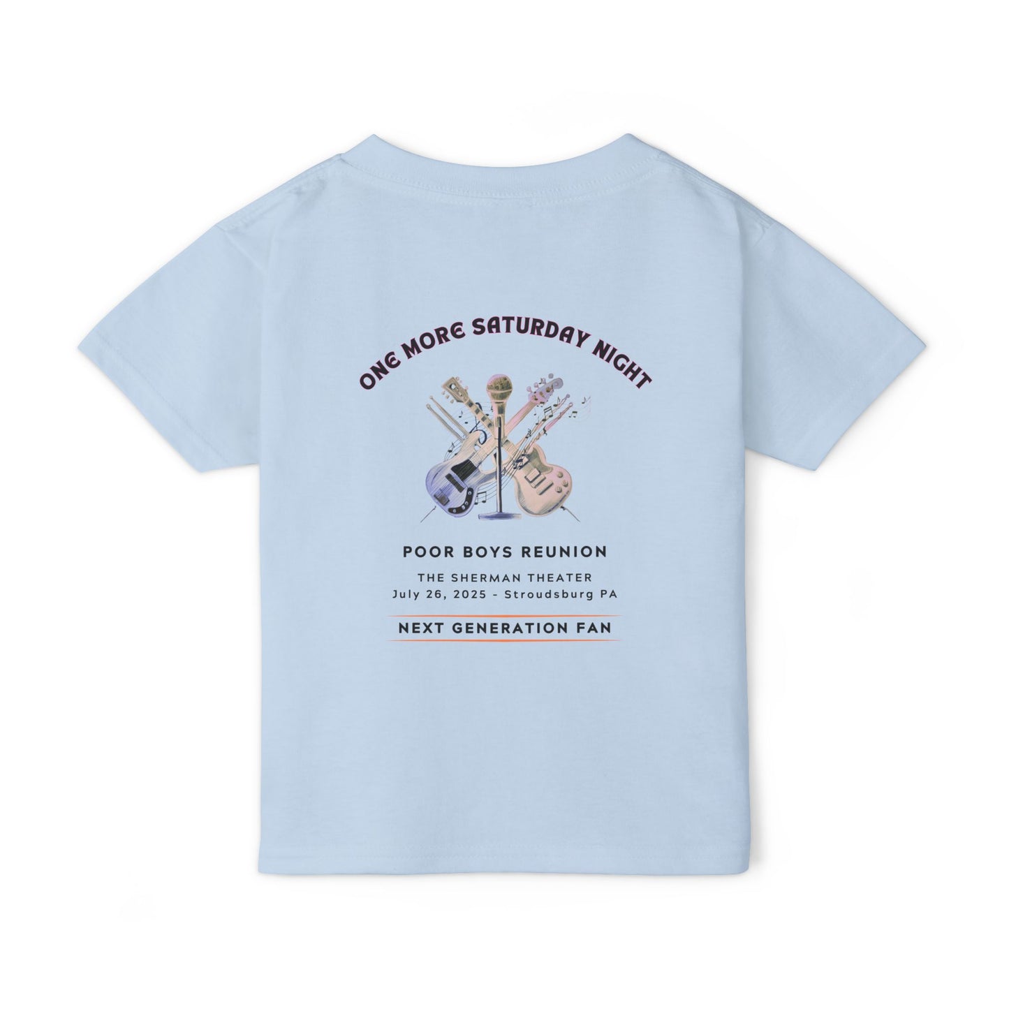 Toddler “Next Generation Fan” T-Shirt with Band Logo Front & “One More Saturday Night” Back