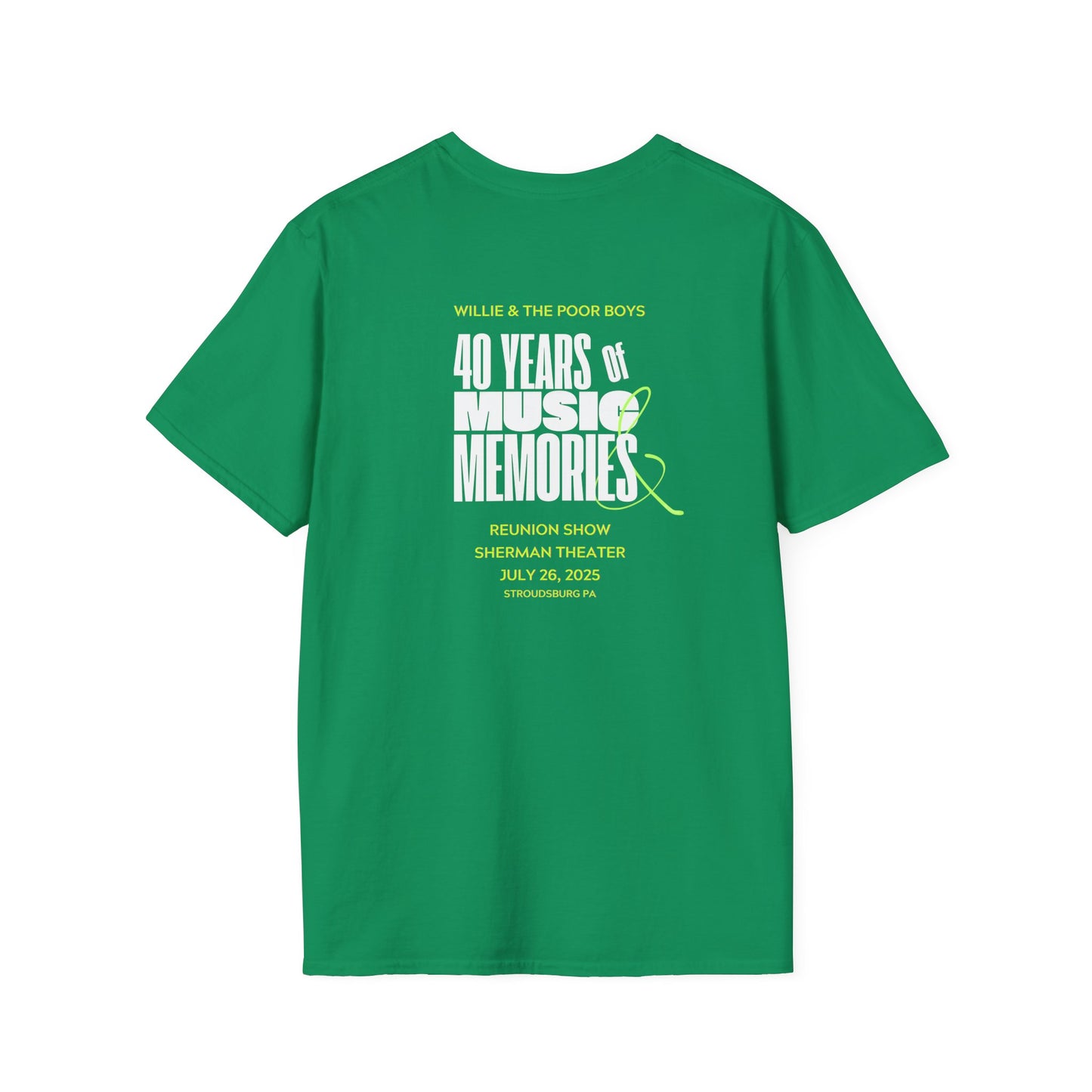 Solid Colors - "40 Years of Music & Memories" Back with Full Color Logo Front - Softstyle T-Shirt (Various Colors Available)