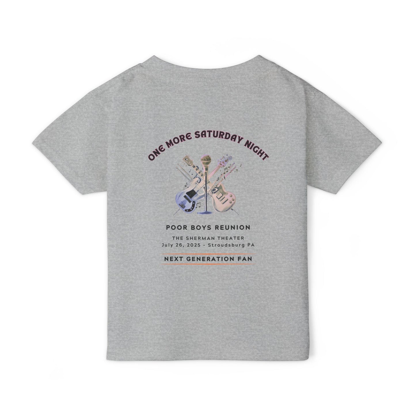 Toddler “Next Generation Fan” T-Shirt with Band Logo Front & “One More Saturday Night” Back