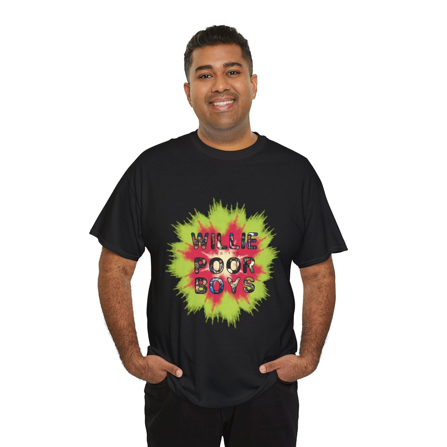 Photo Collage Band Name Front with Tie-Dye Burst & 40 Years of Music & Memories Back – Unisex T-Shirt (Various Colors Available)