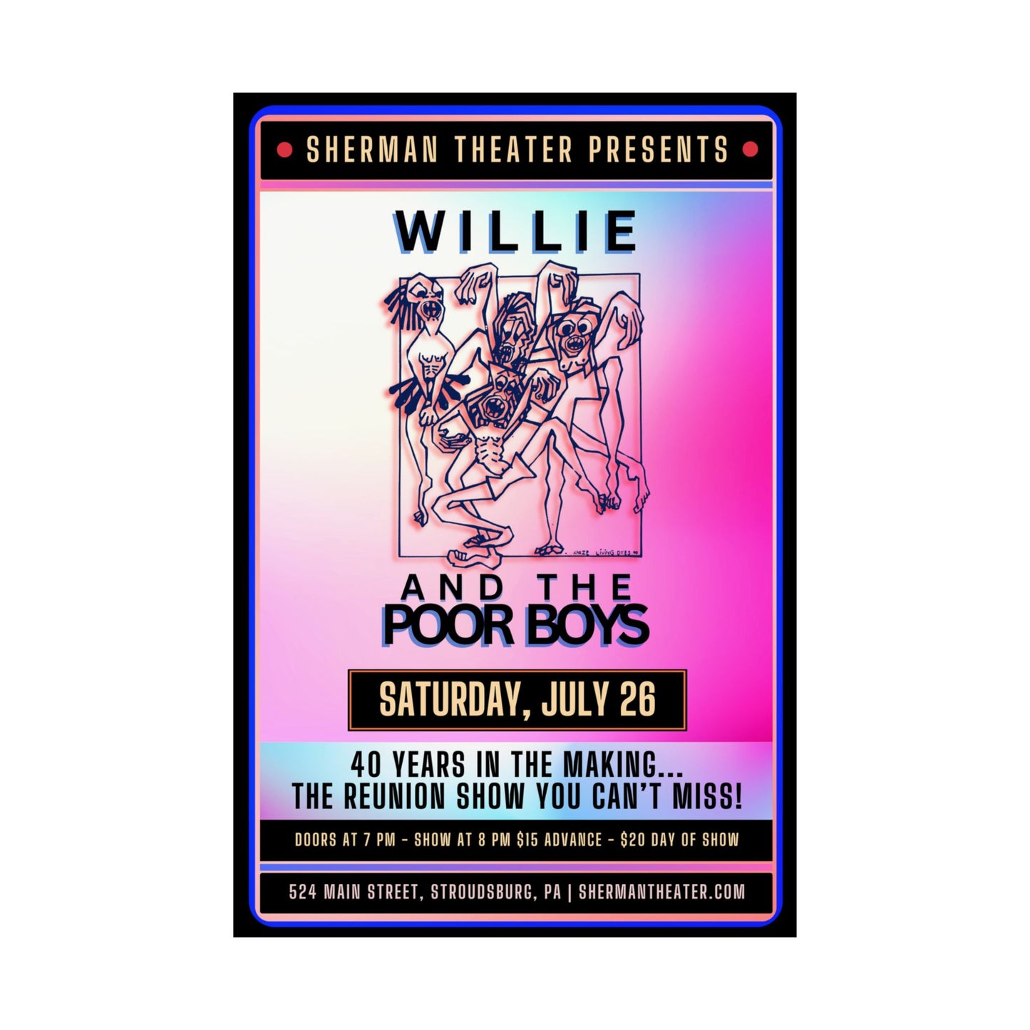 Reunion Concert Poster (Pink Hues) – Willie and the Poor Boys (Satin Finish, Retro Design)