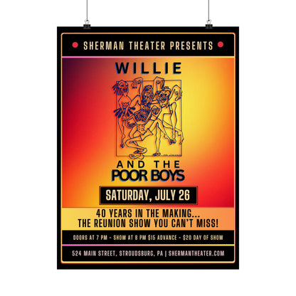 Reunion Concert Poster (Orange Hues) – Willie and the Poor Boys (Satin Finish, Retro Design)