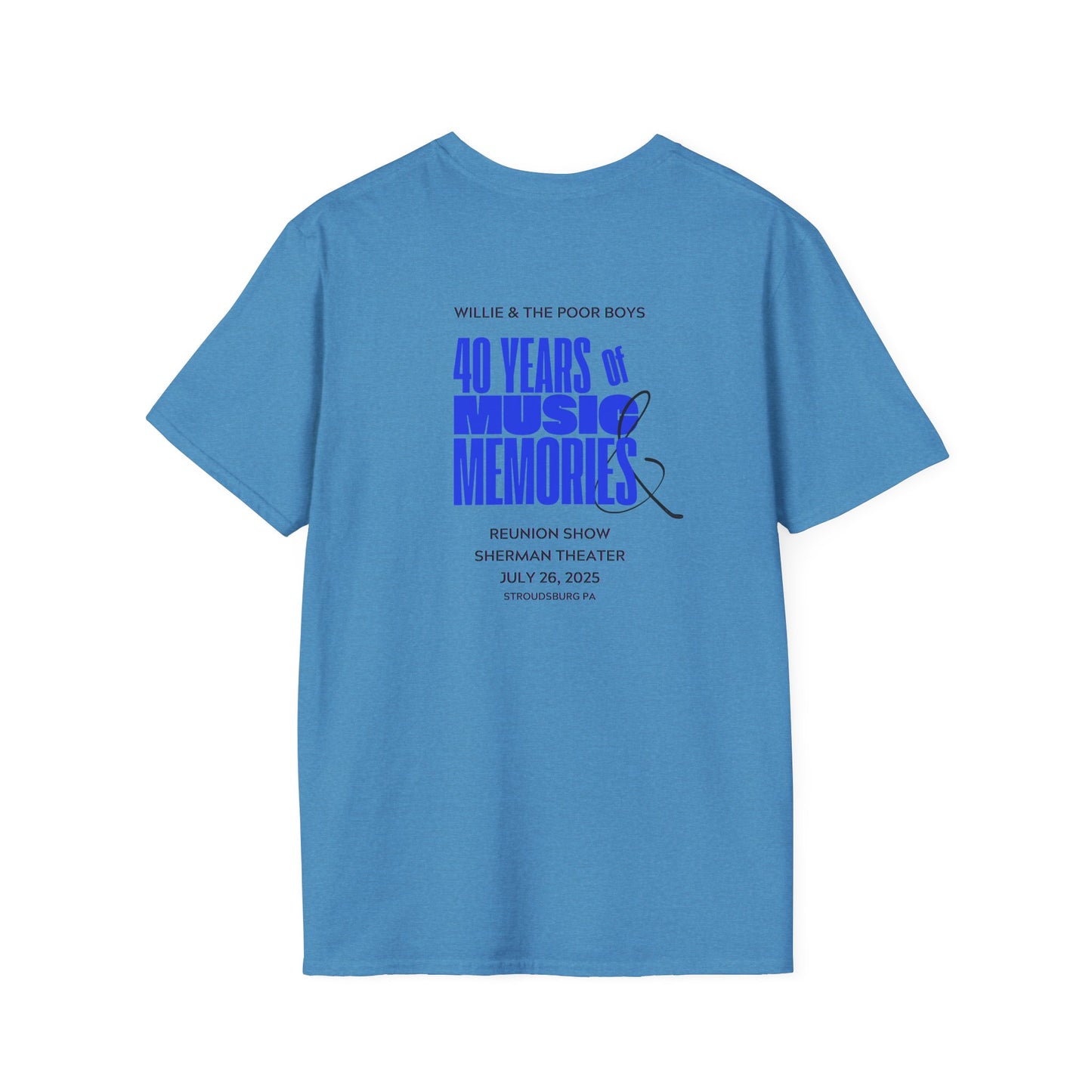 Solid Colors - "40 Years of Music & Memories" Back with Full Color Logo Front - Softstyle T-Shirt (Various Colors Available)