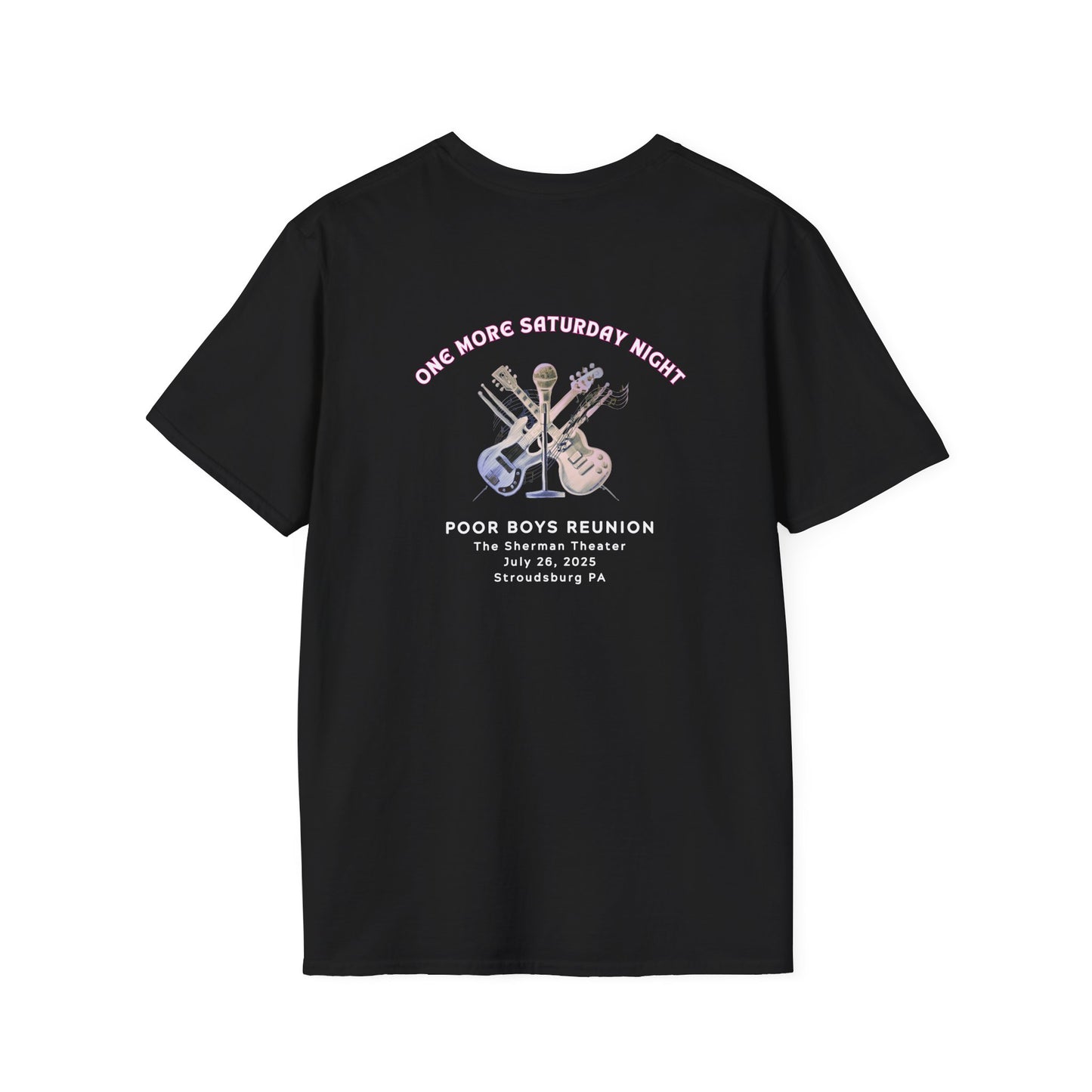 Copy of Solid Colors "One More Saturday Night" with Instruments Artwork Back & Logo Front - Softstyle T-Shirt (Various Colors Available)