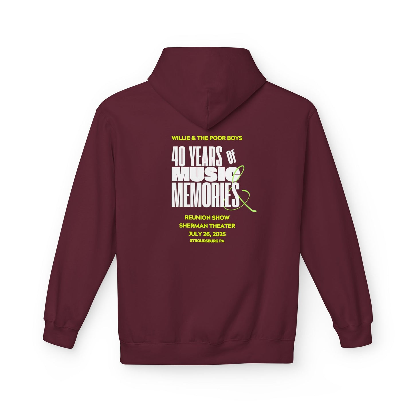 Unisex Reunion Hoodie – 40 Years of Music & Memories with Front Logo (Various Colors Available)