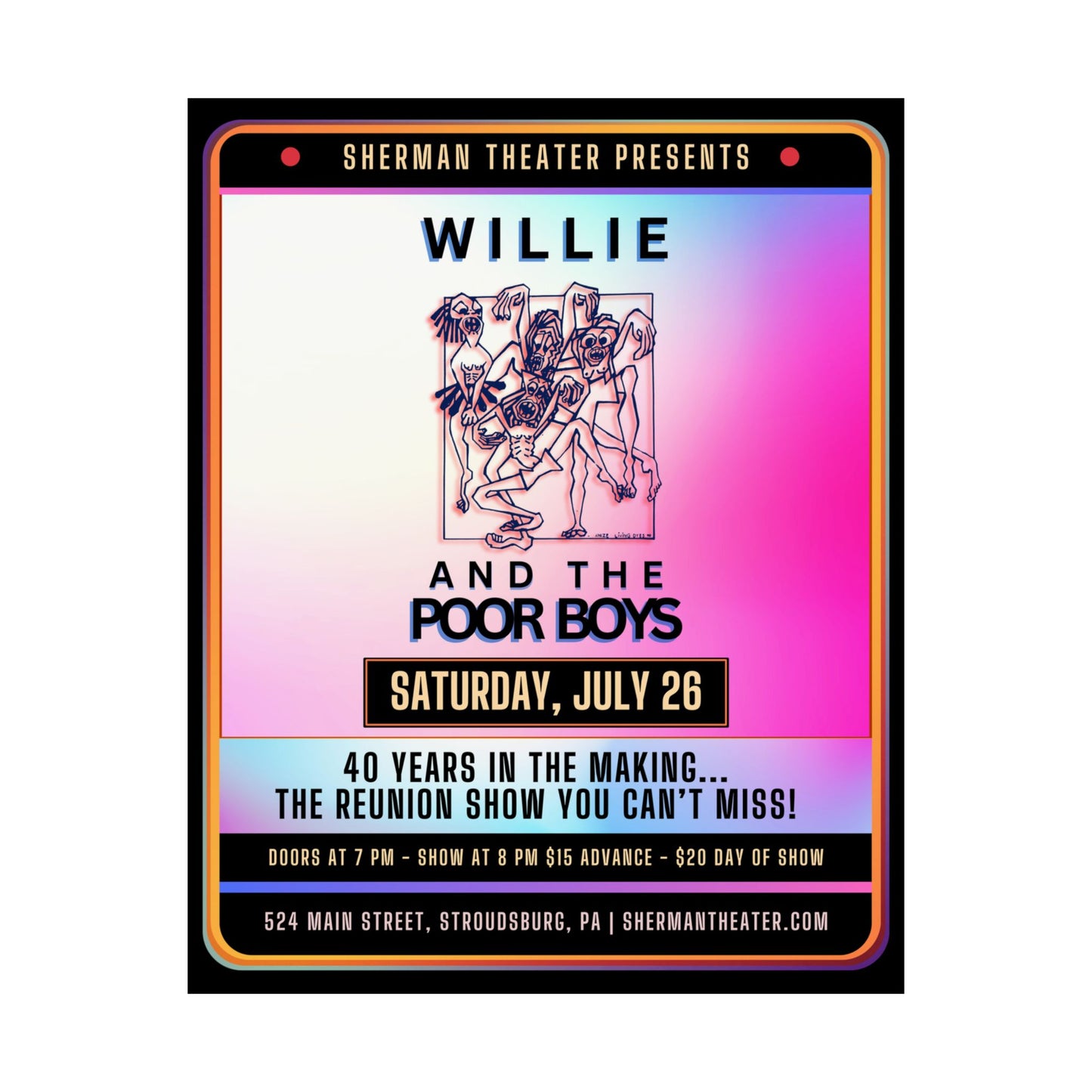 Reunion Concert Poster (Pink Hues) – Willie and the Poor Boys (Satin Finish, Retro Design)